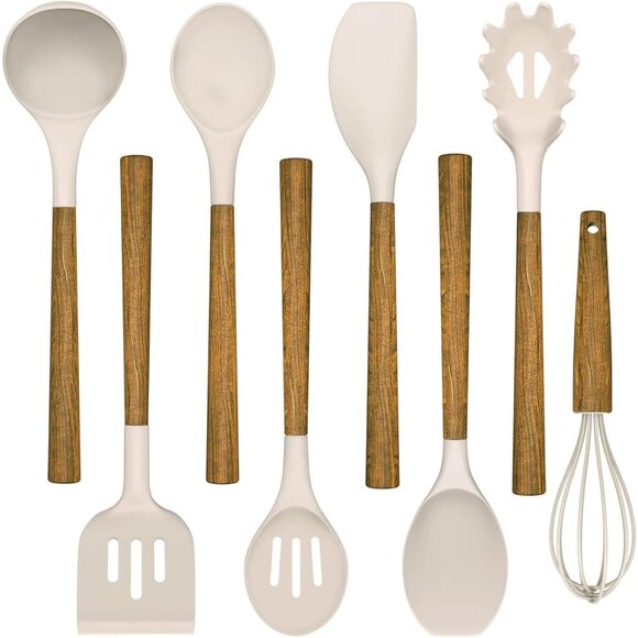 8-Piece Kitchen Set with Natural Acacia Wooden Handles Khaki Grade Silicone - Picture 8 of 13